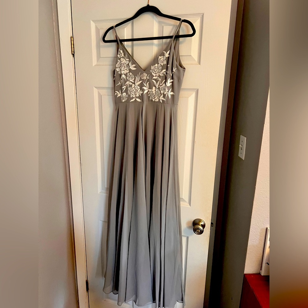 BHLDN Gray Maxi Dress with White Floral Embroidery